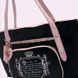 Juicy Couture Black Quilted Tote with Pale Pink Trim and Crest
